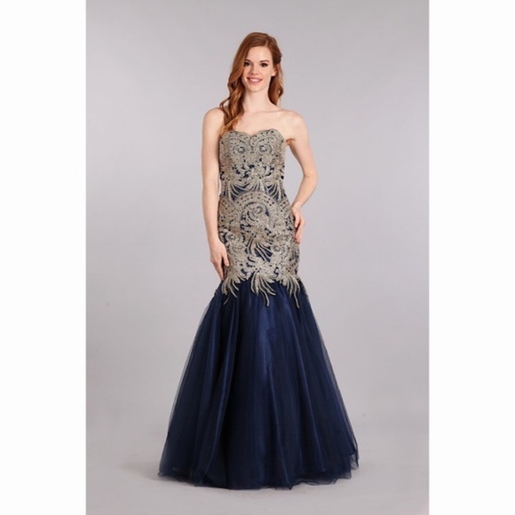 NAVY Gold Lace Strapless Mermaid Gown 1697 - Picture 1 of 6